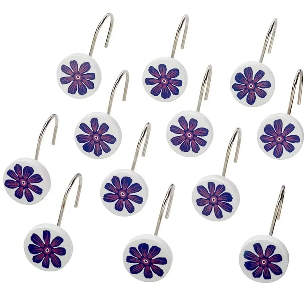 Retro Vibe Blue Floral Shower Curtain Hooks 12pc Ceramic Metal Bathroom Gift NEW